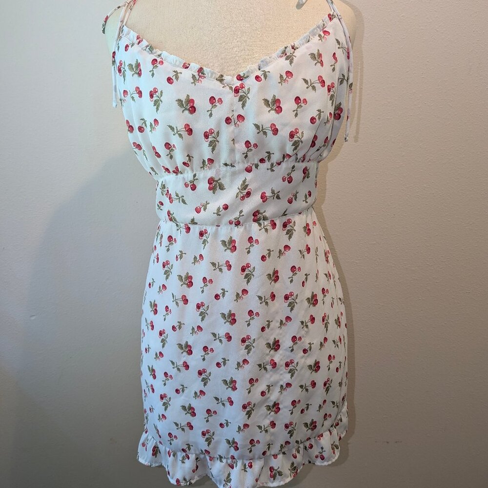 Abercrombie & Fitch White Cherry Mini Dress Ruffle Hem Bow XL FLAW Coquette